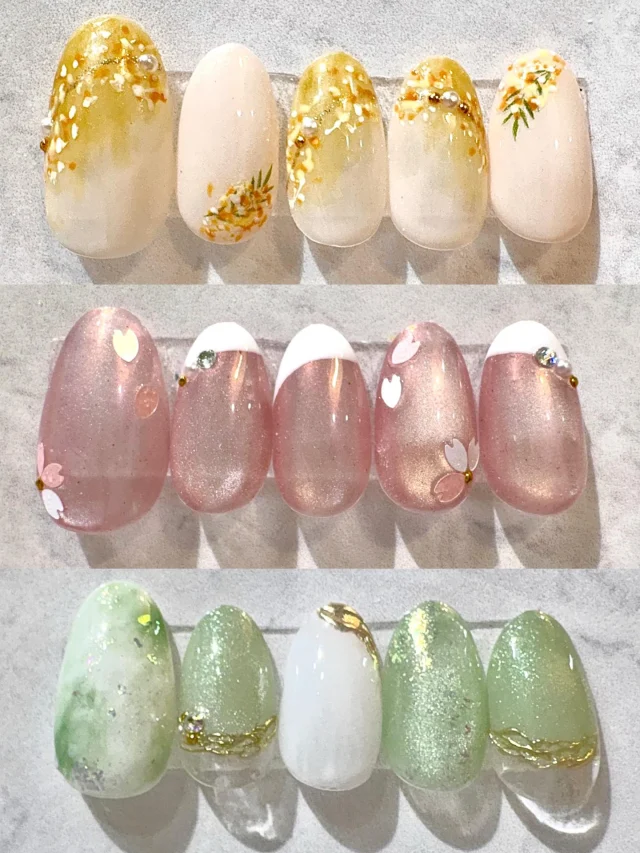 町田店ではお得な定額デザインの他にも、華やかなオリジナルデザインも多数ご用意しております。
特別な一日にぜひいかがでしょうか？
⁡
⁡上から￥9889/￥8239/￥8239
(オフ別)

※こちらのデザインをHPBからご予約の際は【とりあえず相談】クーポンにてお願いいたします。備考欄にてInstagramを見たとお伝えいただけるとスムーズです！

＃春ネイル ＃桜ネイル ＃イエローネイル ＃町田ネイルサロン ＃卒業式ネイル 
⁡